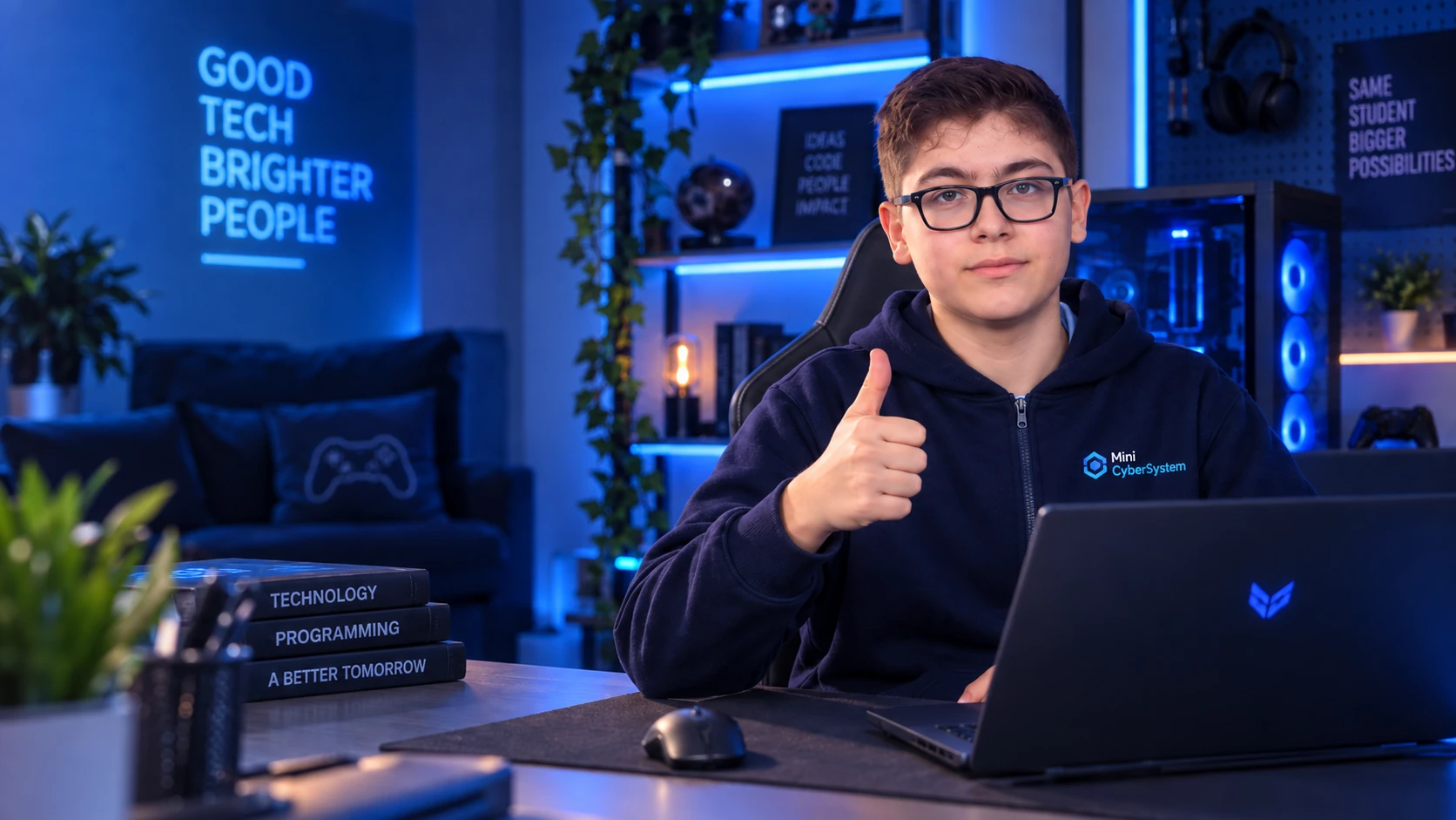 Víctor junto a su notebook, saludando con el pulgar arriba