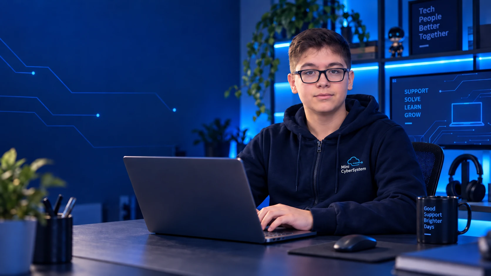 Víctor con un notebook en el espacio de Mini CyberSystem