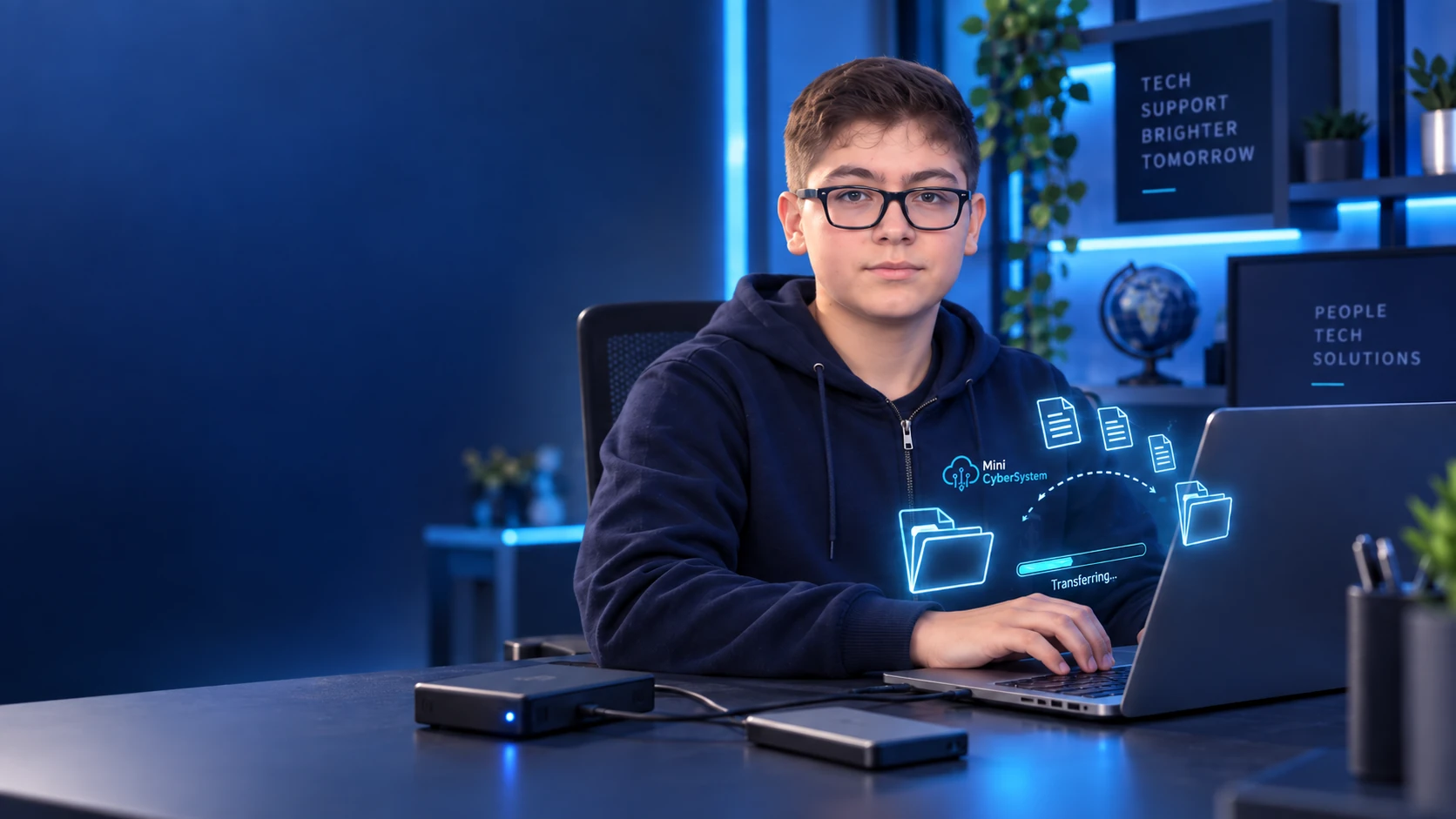 Víctor respaldando archivos desde un notebook a unidades externas